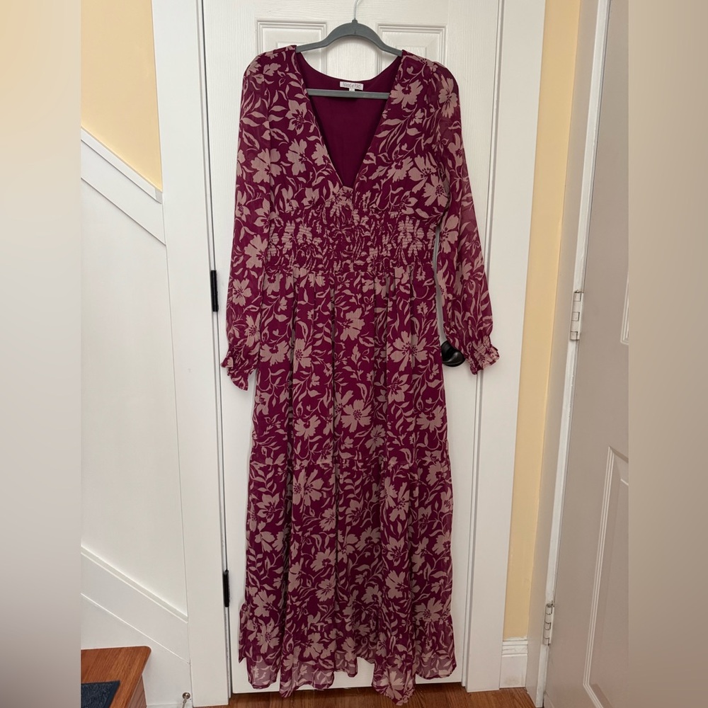 Patrons of Peace Burgundy and Beige Floral V-Neck Maxi Dress